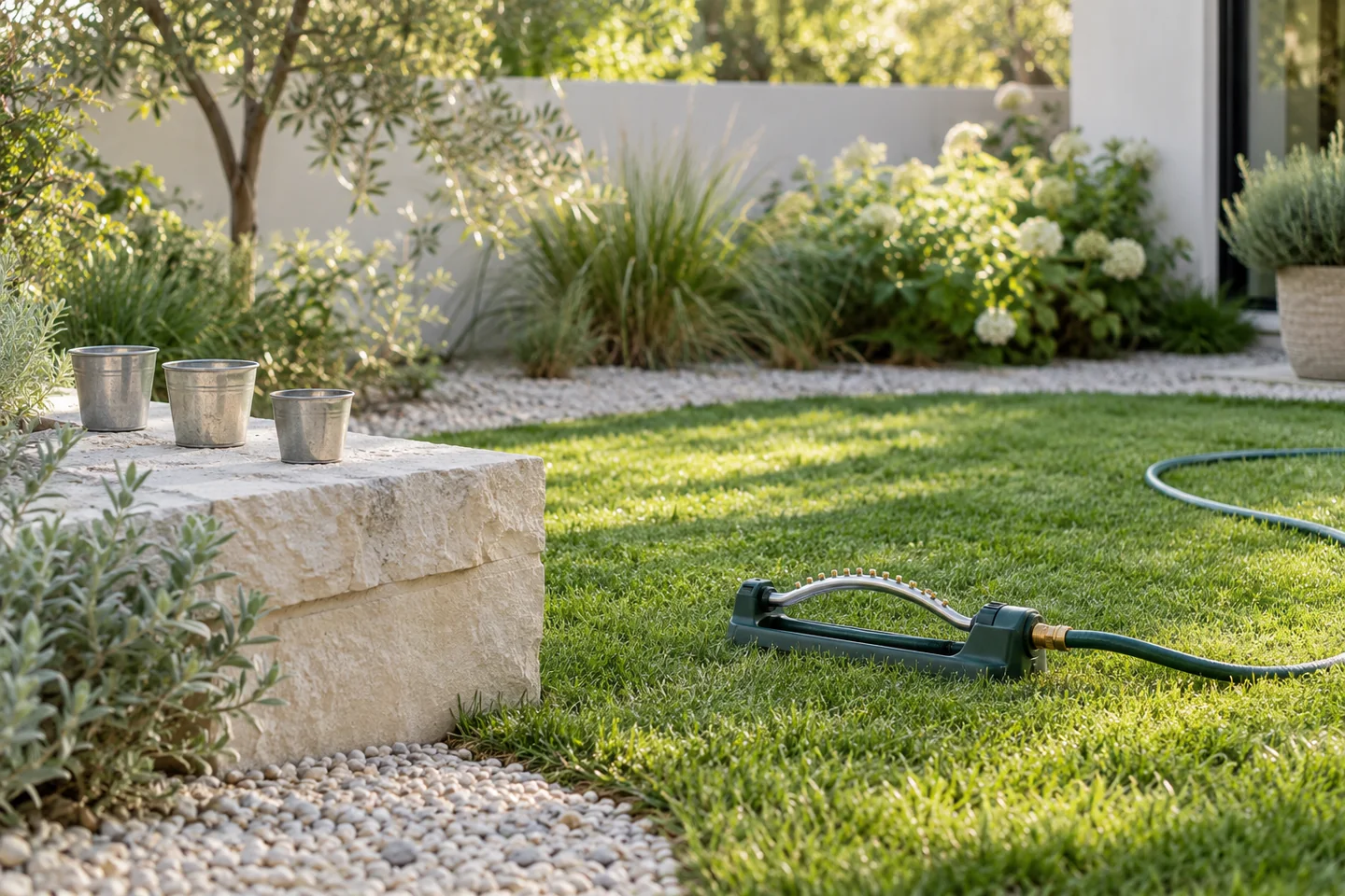 AI-generated unbranded portable sprinkler and empty metal cups in a calm backyard concept; not an actual product or measurement record